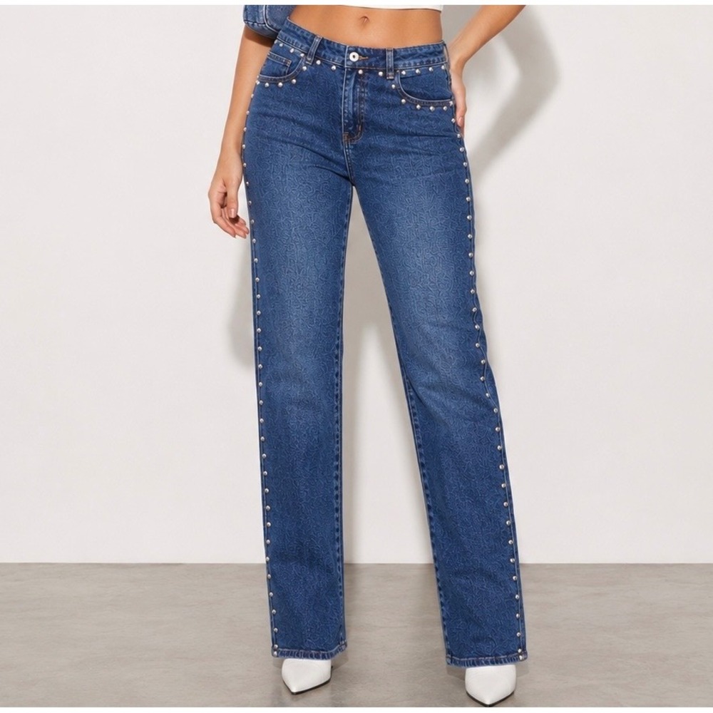 Fashion Nova Studded Jeans Size 13 Women's Juniors Y2K Straight Leg Denim